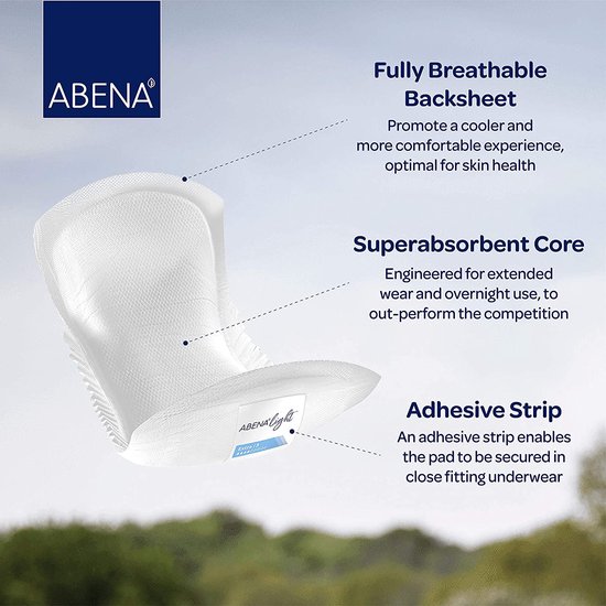 Incontinentieverband met opdruk 'ABENA Light'. Gemarkeerd met 'Fully Breathable Backsheet'.
