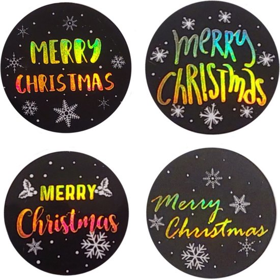 Vier ronde, zwarte stickers met 'Merry Christmas' in regenboogkleuren, sneeuwvlokken en sterren.