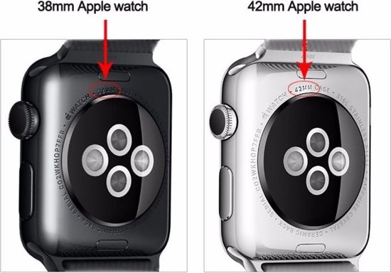 Comparaison de l'arrière d'une Apple Watch 38mm et 42mm, avec indication de la taille.