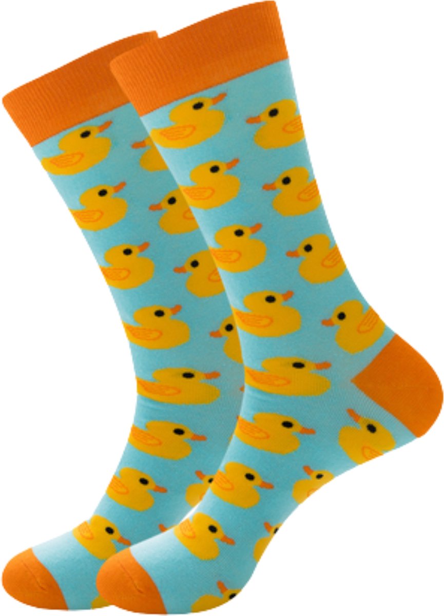 Sokken met Badeendjes - Grappige Sokken Dames maat 36/41 - Oranje/Blauw met Eendjes