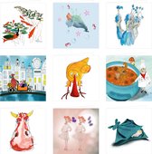 Kaartenbizz - Wenskaarten - Voor de kinderen - Illustraties - rode koe, moeder op de fiets, kuiken, vissen, zeemeermin op een dolfijn, baby in knuffeldoek, twee danseresjes, een blauwe pauw en een kok naast een pan chocoladesoep.