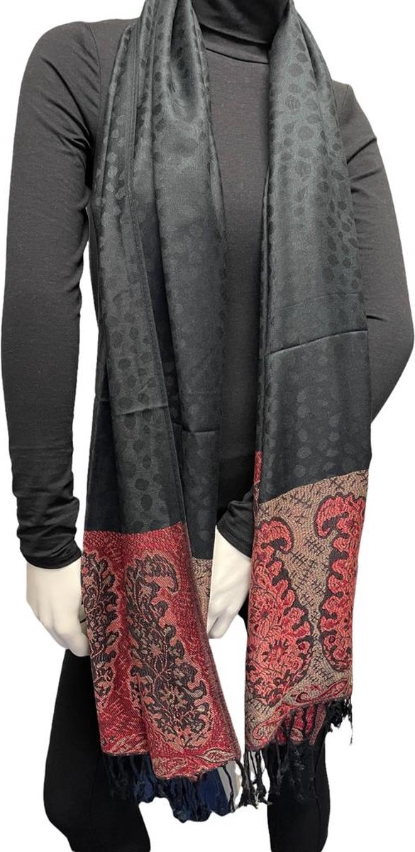 Sjaal- Luxe Dames Pashmina Sjaal- Zijde zacht Cashmere Sjaal- Fijn geweven omslagdoek 214/1- Zwart met Rood Details