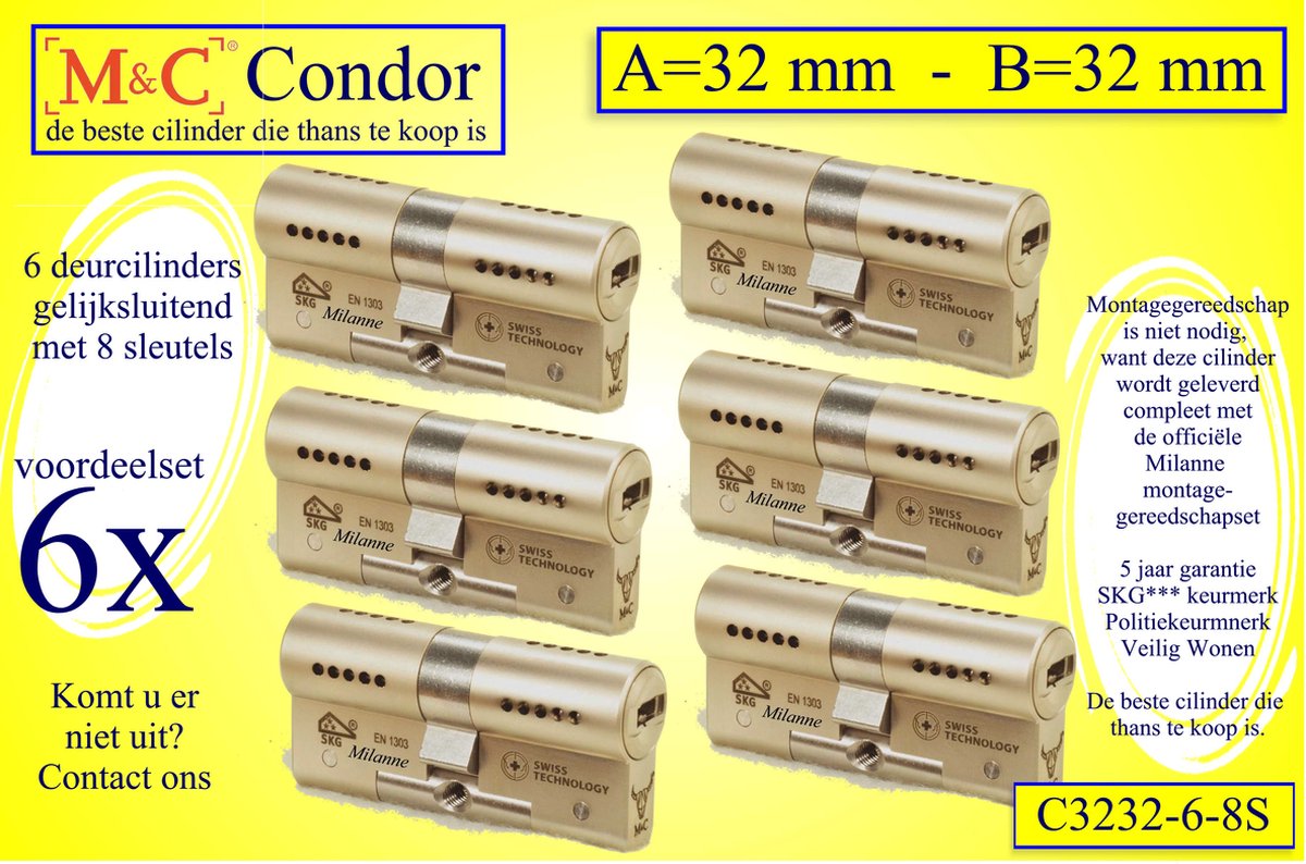 M&C Condor - High Security deurcilinder - SKG*** - 6 STUKS GELIJKSLUITEND - 32x32 mm - met 8 sleutels - Politiekeurmerk Veilig Wonen - inclusief gereedschap montageset