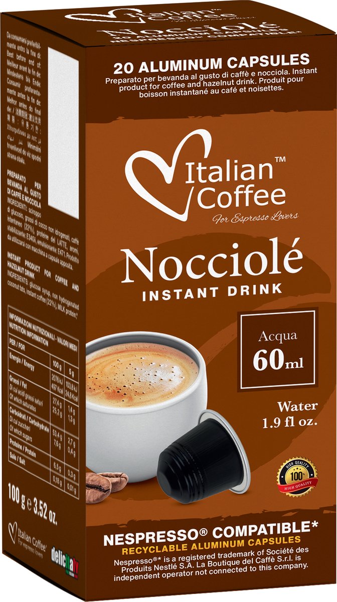 Italian Coffee Hazelnoot Koffie - 100 Nespresso compatibel koffiecups - Aluminium Capsules - PVC FREE - Smakelijk en aangenaam