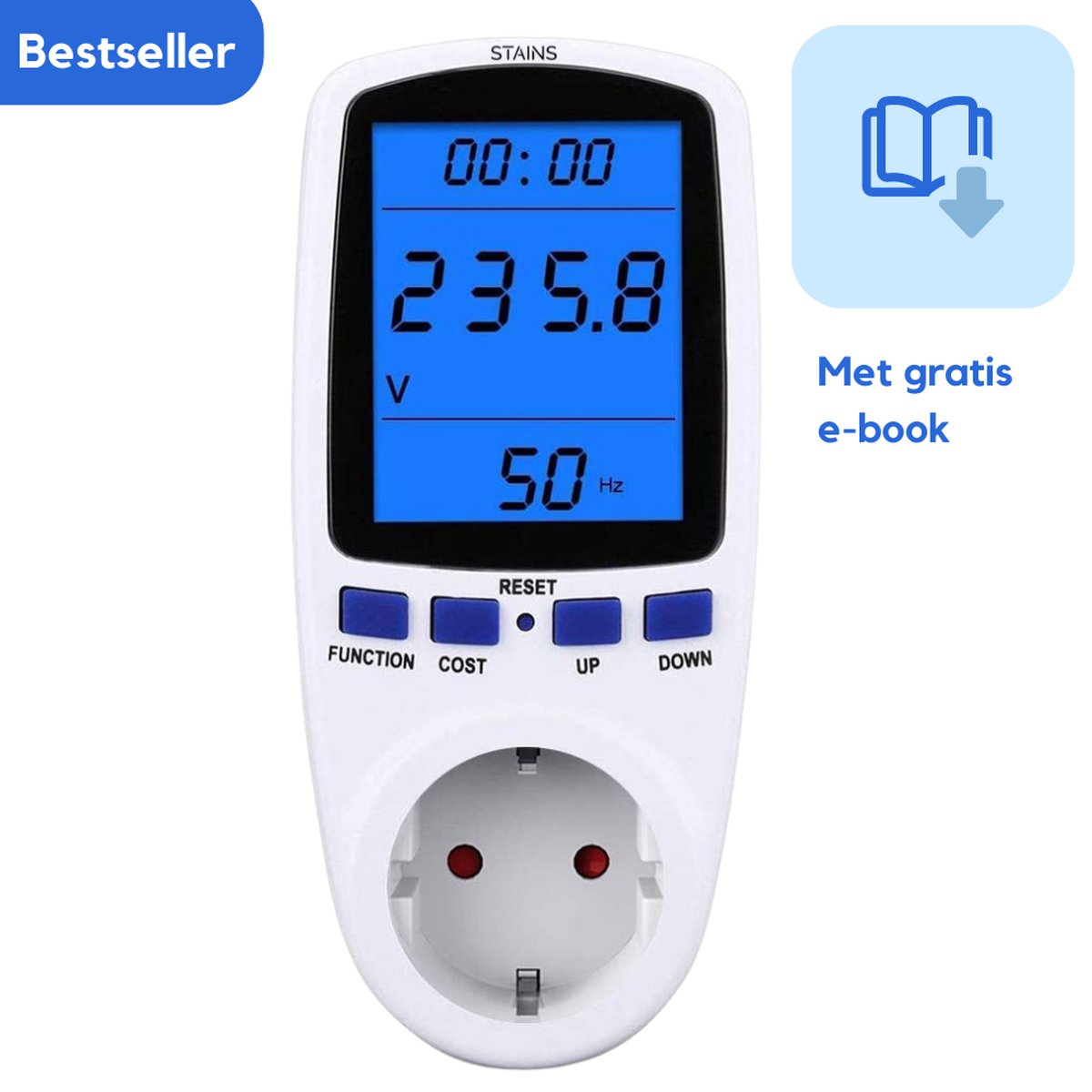 STAINS- Energiemeter - Energieverbruiksmeter - Verbruiksmeter - Energiekostenmeter - Met Nederlandse handleiding - Plus gratis E-book Slim Energie Besparen
