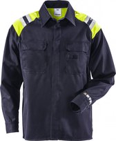 Donkerblauw werkshirt met twee borstzakken, fluorescerend geel en reflecterende details op de schouders.