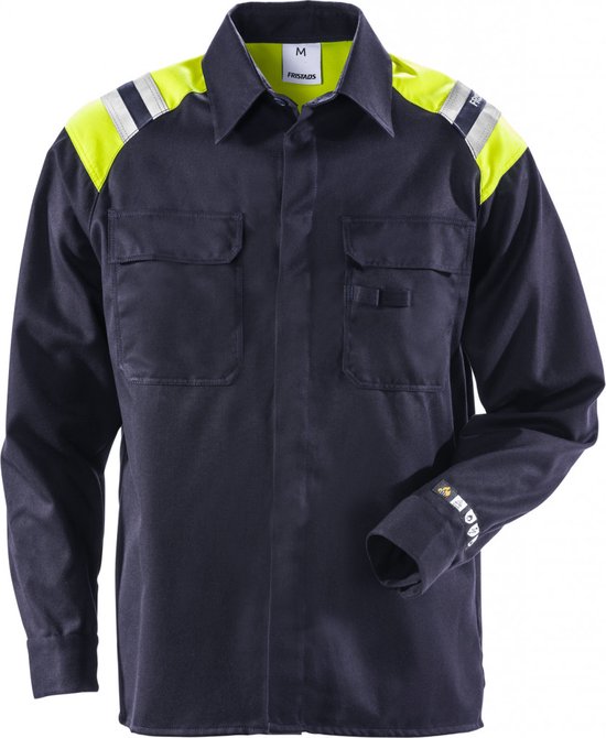 Donkerblauw werkshirt met twee borstzakken, fluorescerend geel en reflecterende details op de schouders.