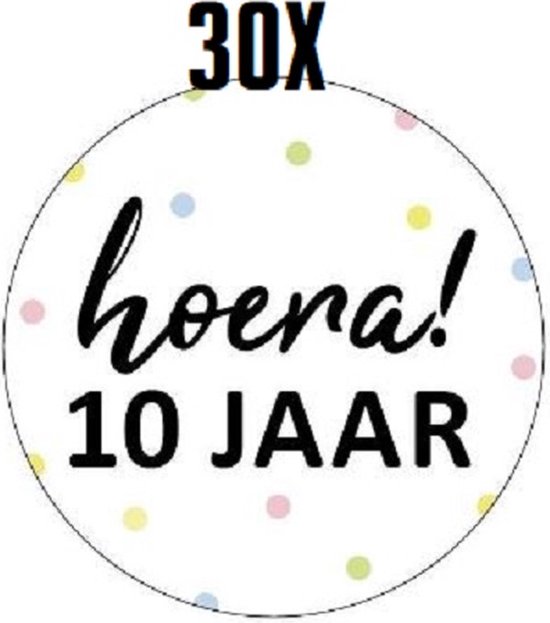 Foto: 30x sluitsticker hoera 10 jaar sluitstickers 40mm jarig hoera feest uitdelen sluitzegel traktatiesticker verjaardag 10 jaar traktatie 30 stuks stickers cadeausticker wensetiket