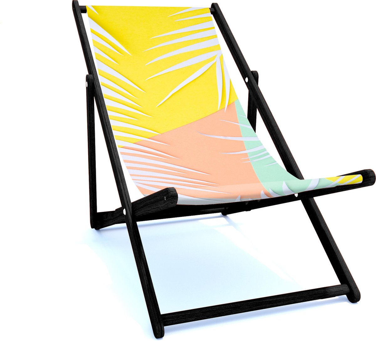 Holtaz Strandstoel Hout Inklapbaar Comfortabele Zonnebed Ligbed met verstelbare Lighoogte met stoffen Tropical zwart houten frame