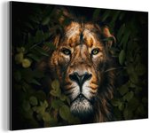 Wanddecoratie Metaal - Aluminium Schilderij Industrieel - Jungle - Leeuw - Dieren - Bladeren - 120x80 cm - Dibond - Foto op aluminium - Industriële muurdecoratie - Voor de woonkamer/slaapkamer