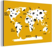 Wereldkaart avec des animaux sur fond jaune vif Aluminium 90x60 cm