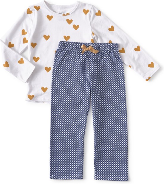 Ensemble pyjama: haut blanc à cœurs dorés et pantalon à carreaux bleu et blanc avec nœud jaune.