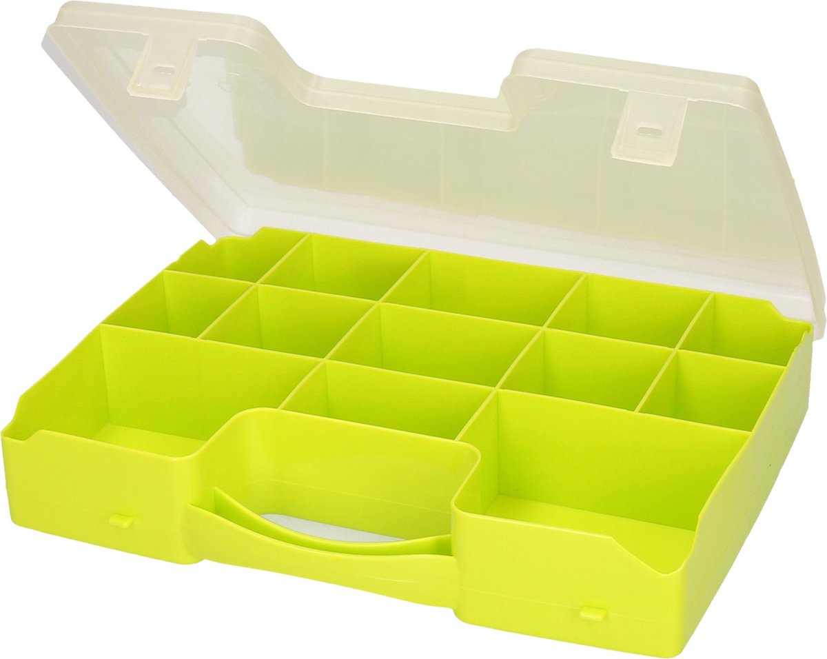 1x Opbergkoffertje/opbergdoosjes 13-vaks - groen - Sorteerdoos/box - Opbergers - 27,5 x 20,5 x 3 cm