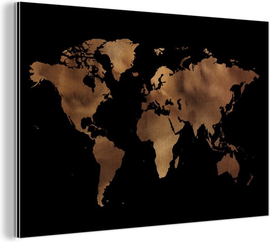 Décoration murale Métal - Peinture Aluminium - Carte du Wereldkaart - Zwart - Bronze - 150x100 cm