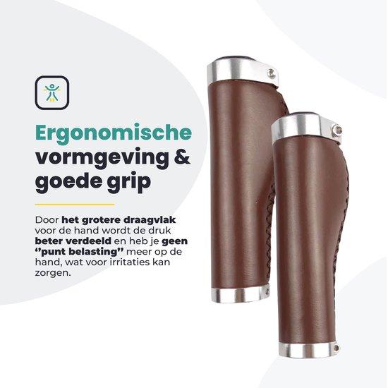 Bruine, ergonomische leren fietshandvatten met zilverkleurige uiteinden.