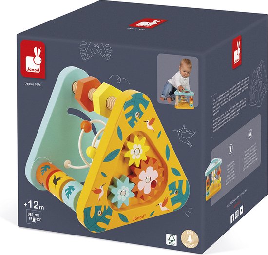 Janod Tropik - Multi-Activiteiten Driehoek - Met 7 Activiteiten: Doolhof, Spiegel, Tandwielen Om Te Draaien, Moeren Om Te Schroeven, Telraam, Regenstok En Cilinders Om Uit Te Lijnen - Geschikt Vanaf 1 Jaar van Janod — afbeelding 2