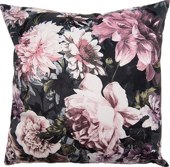 Clayre & Eef Kussenhoes 45x45 cm Zwart Roze Polyester Bloemen Sierkussenhoes