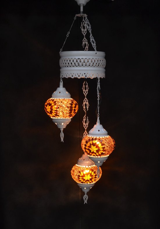 Lampe orientale 3 sphères en verre brun orange lustre en mosaïque