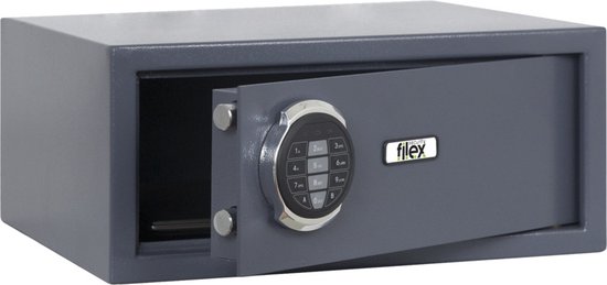 Grijze Filex kluis met openstaande deur en digitaal slot.