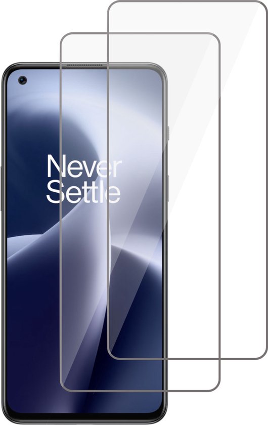 Twee doorzichtige screenprotectors voor een OnePlus telefoon met "Never Settle" op het scherm.