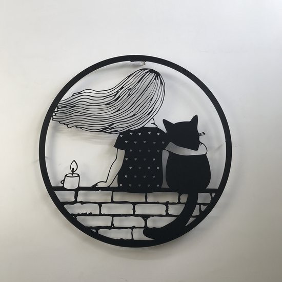 Colorfullworlds - Metalen Het Meisje en De Kat Wanddecoratie - Muurdecoratie - Metalen Wandbord - Wall Art -  Housewarming Cadeau - Zwart - 30x30 CM