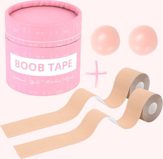 Homezie Boob tape | 2 rollen van 5 meter + nipple covers | Lichte Beige | Boobtape | Plak bh | Zelfklevende bh | Tepelcovers