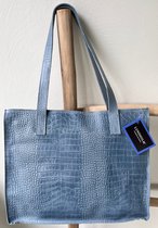 Lundholm tas dames schoudertas shopper dames met rits - shopper schooltas blauw - echt leer - kroko design | Lundholm Öland serie