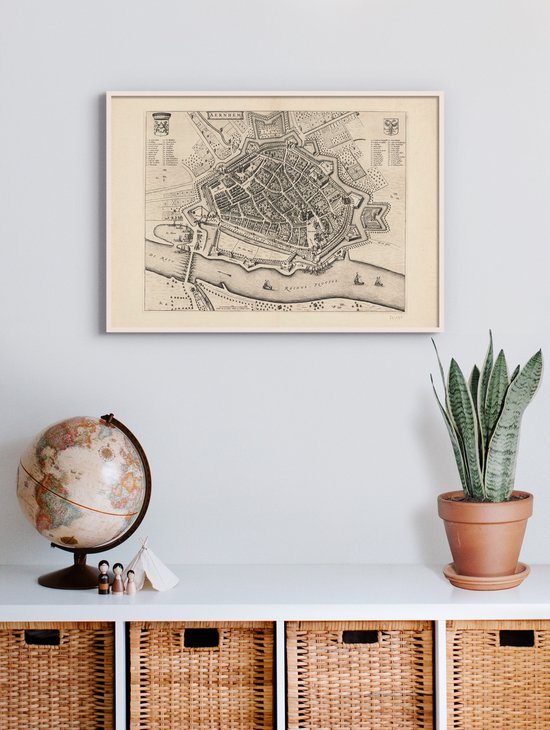 Poster In Witte Lijst - Historische Oude Kaart Arnhem - Stadsplattegrond 1652 - 50x70 cm
