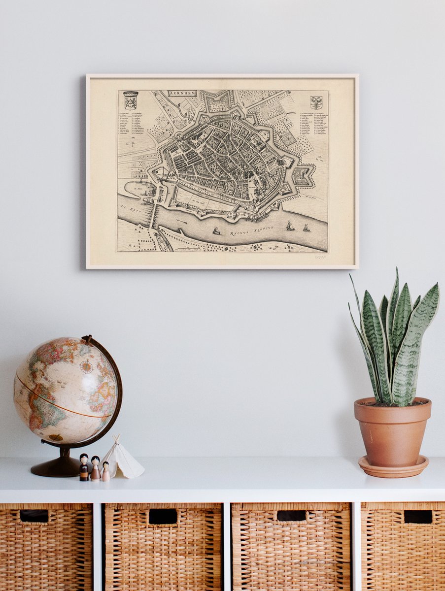Esque Poster In Witte Lijst - Historische Oude Kaart Arnhem - Stadsplattegrond 1652 - 50x70 cm