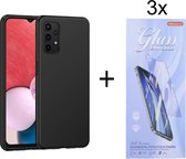 Soft Back Cover Hoesje Geschikt voor: Samsung Galaxy A13 4G Silicone - Zwart + 3X Tempered Glass Screenprotector - ZT Accessoires