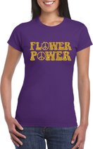 Toppers Paars Flower Power t-shirt peace tekens met gouden letters dames - Sixties/jaren 60 kleding M