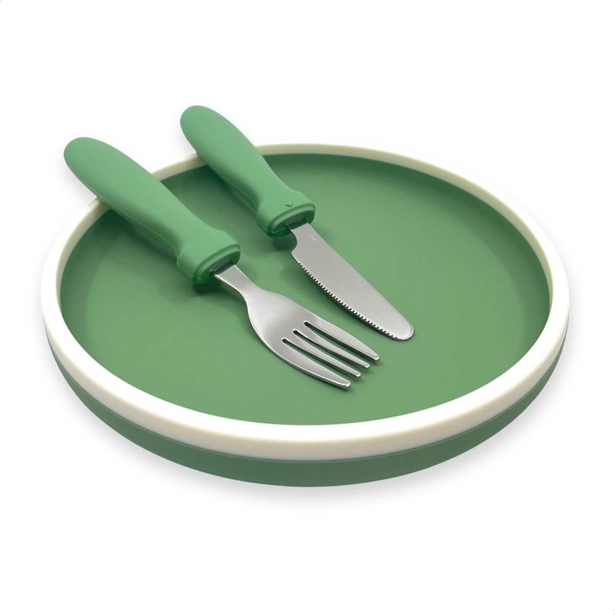 Smikkels - Siliconen bordje met mes en vork - Veilig Kinderservies - kinderbordje - kinderbestek - Duurzaam - Kleuter - Peuter - Groen