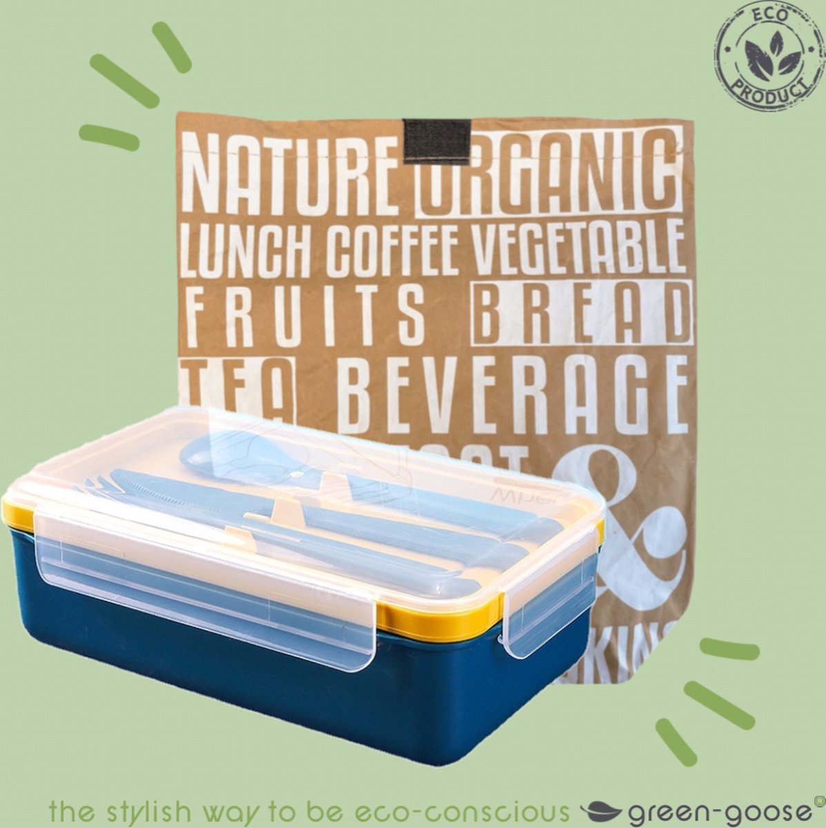 Bio-based Lunch Set | Blauw/Geel | Tyvek Thermo Koeltas met Lunchbox en Bestek | Duurzaam en Biologisch Afbreekbaar | Vaatwasserbestendig