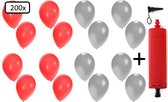 200x Ballonnen rood en zilver + ballonpomp - Ballon carnaval festival feest party verjaardag landen helium lucht thema