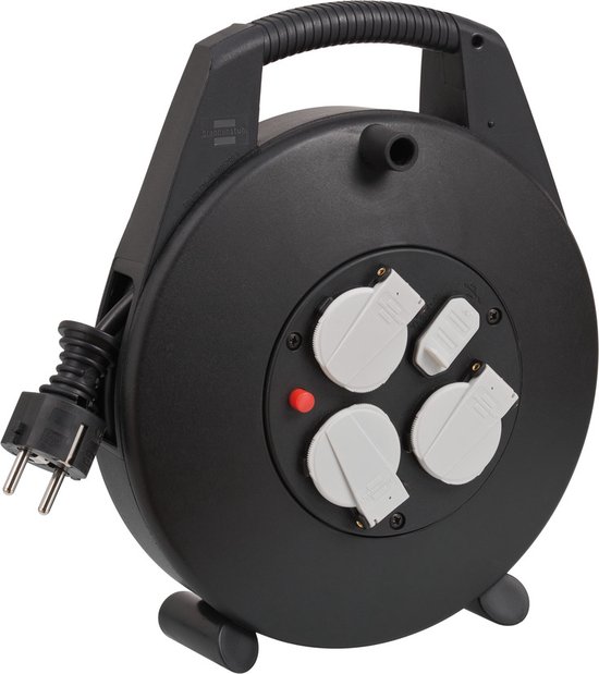 Electraline 49031 Kabelhaspel H05VV-F 3G1,5, 15 m kabel-IP20 indoor/ kabelhaspel met 4 geaarde stopcontacten/kabelbox met verlengkabel/leidingroller met zwengel, zwart