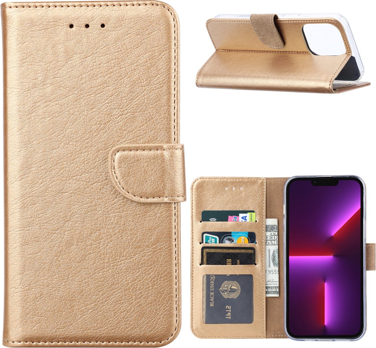 Hoesje Geschikt voor iPhone 14 Pro portemonnee Bookcase – Goud
