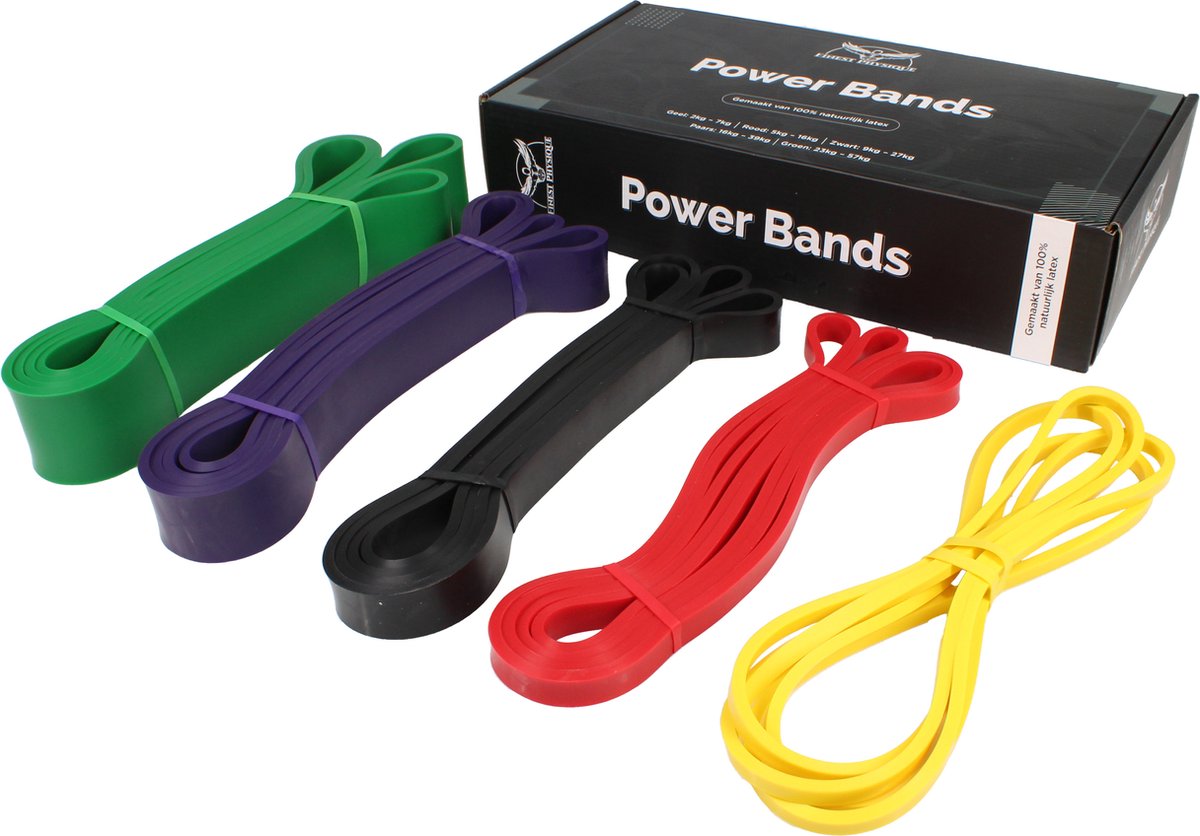 Finest Physique - Power band set van 5 + Deuranker, Boekje met oefeningen en draagtas - Resistance Bands - Pull-up assist bands - Weerstandsband