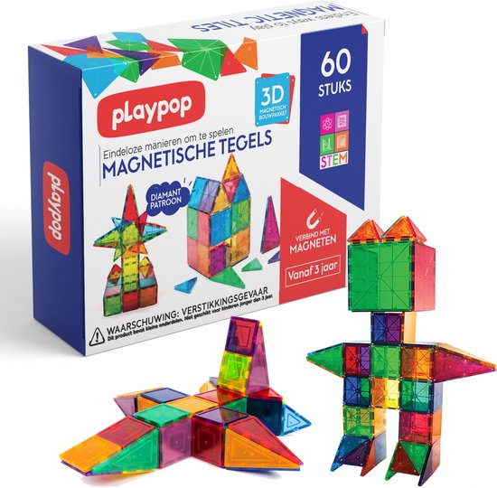 Playpop Magnetische Tegels – Bouwspeelgoed – Speelgoed – Technisch – STEM-Speelgoed 60 stuks