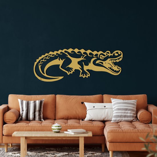 Wanddecoratie | Krokodil / Crocodile| Metal - Wall Art | Muurdecoratie | Woonkamer | Buiten Decor |Gouden| 43x100cm