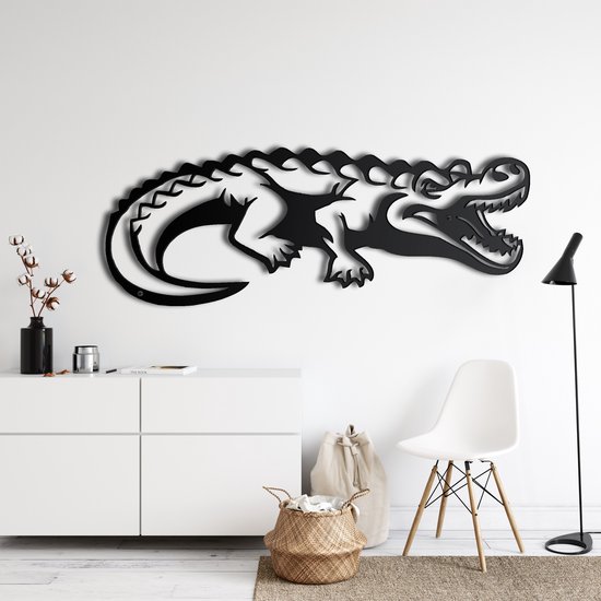 Wanddecoratie | Krokodil / Crocodile| Metal - Wall Art | Muurdecoratie | Woonkamer | Buiten Decor |Zwart| 43x100cm