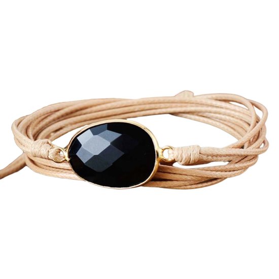 Marama - bracelet wrap Onyx cordon wax marron clair - vegan - pierre gemme