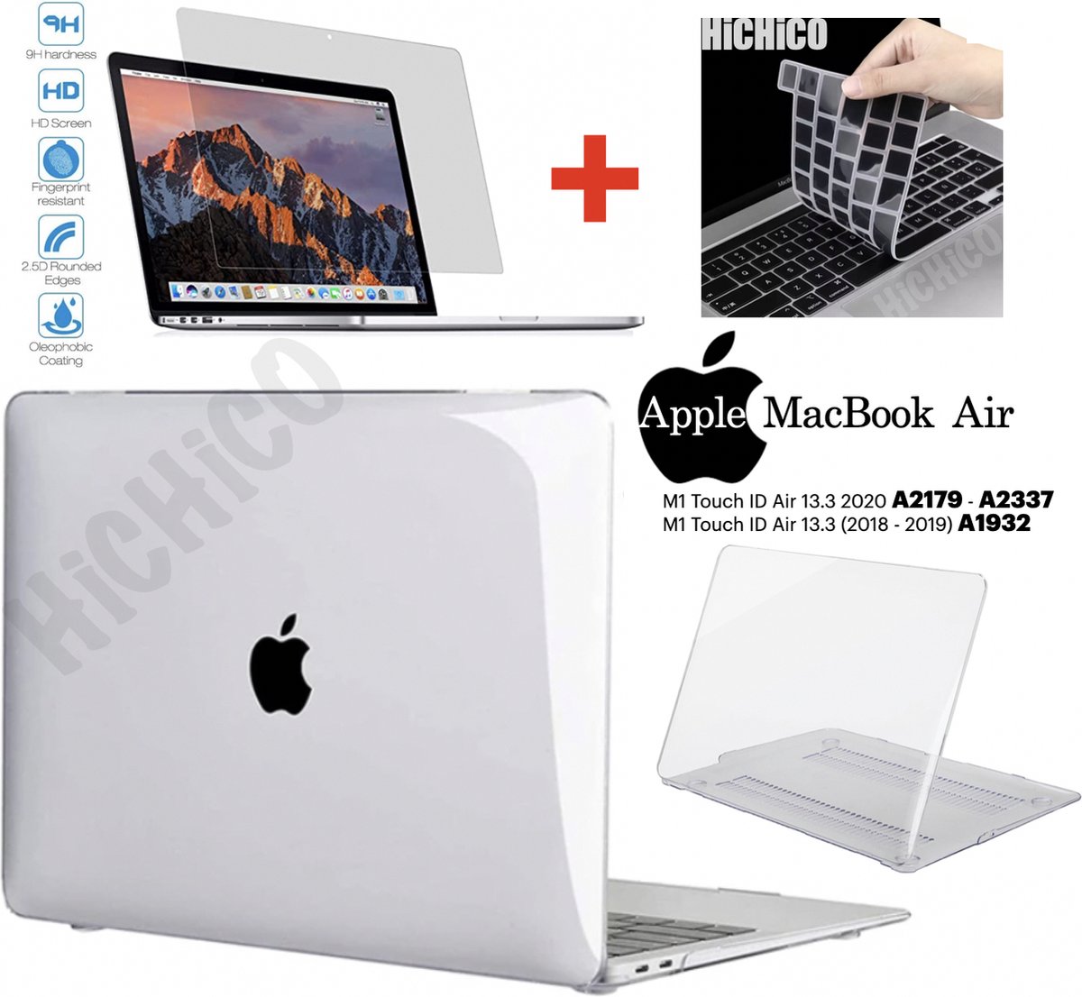 MacBook Air 13 inch M1 Touch ID 2020 – 2019 - 2018 Case - MacBook Air Hoes + Screen Protector en Keyboard Cover, Loptop Cover – Clear Hard Case – MacBook Air Case – MacBook Air Screen Protector --- 3IN1 --- HiCHiCO