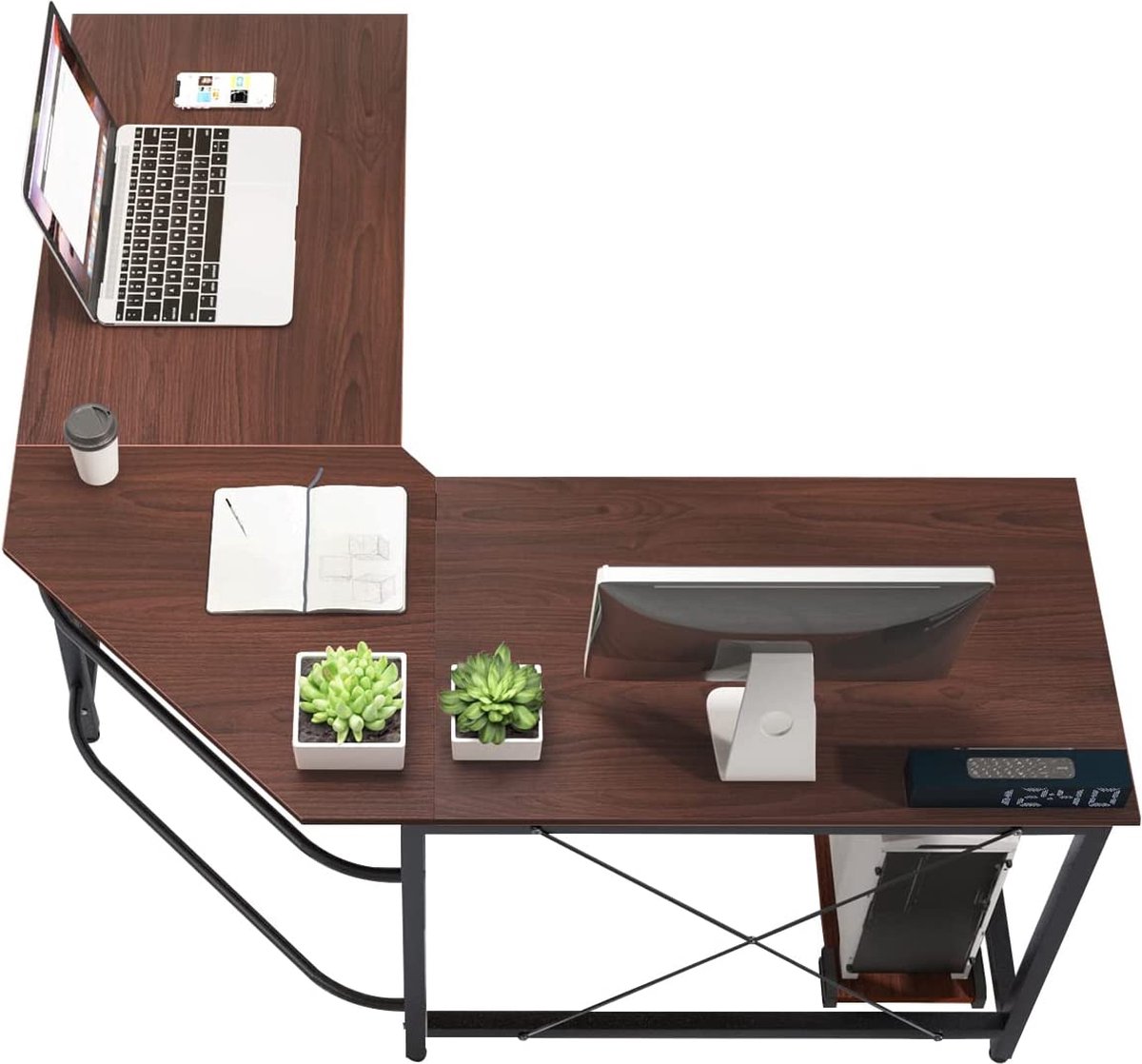 Meerveil Computertafel, L-vormig, hoekbureau, met 360 graden draaibare boekenkast voor werkkamer, woonkamer, kantoor, 157 x 45 x 130,5 cm, eiken ( tafelblad) en wit (rek