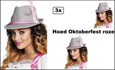 3x Dames Tiroler hoed grijs/roze jagershoedje Oktoberfest hoedje met veer en groene band lederhosen Tirol grijze bierfeest