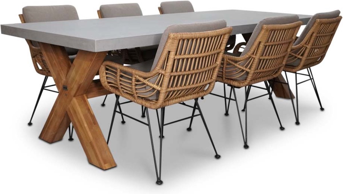 BUITEN living Norwich/Carlos taupe dining tuinset 7-delig | betonlook + hardhout | 250cm | 6 personen