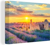 OneMillionCanvasses - Canvas schilderij - Lavendel - Zonsondergang - Bloemen - Wolken - Canvas doek - 120x90 cm - Foto op canvas - Wanddecoratie