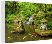 OneMillionCanvasses - Canvas schilderij - Waterval - Koi - Japanse lantaarn - Mos - Water - Natuur - Schilderijen op canvas - 60x40 cm - Canvasdoek - Muurdecoratie - Woonkamer