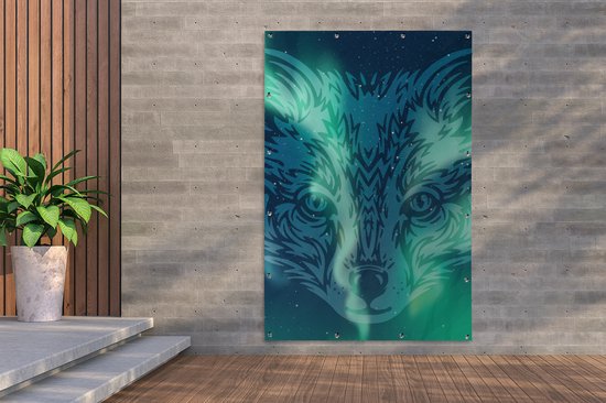 Tuinposter 120x180 cm - Tuindecoratie Vos - Aurora - Dier - Design - Poster voor in de tuin - Buiten decoratie - Schutting tuinschilderij - Tuindoek muurdecoratie - Wanddecoratie balkondoek