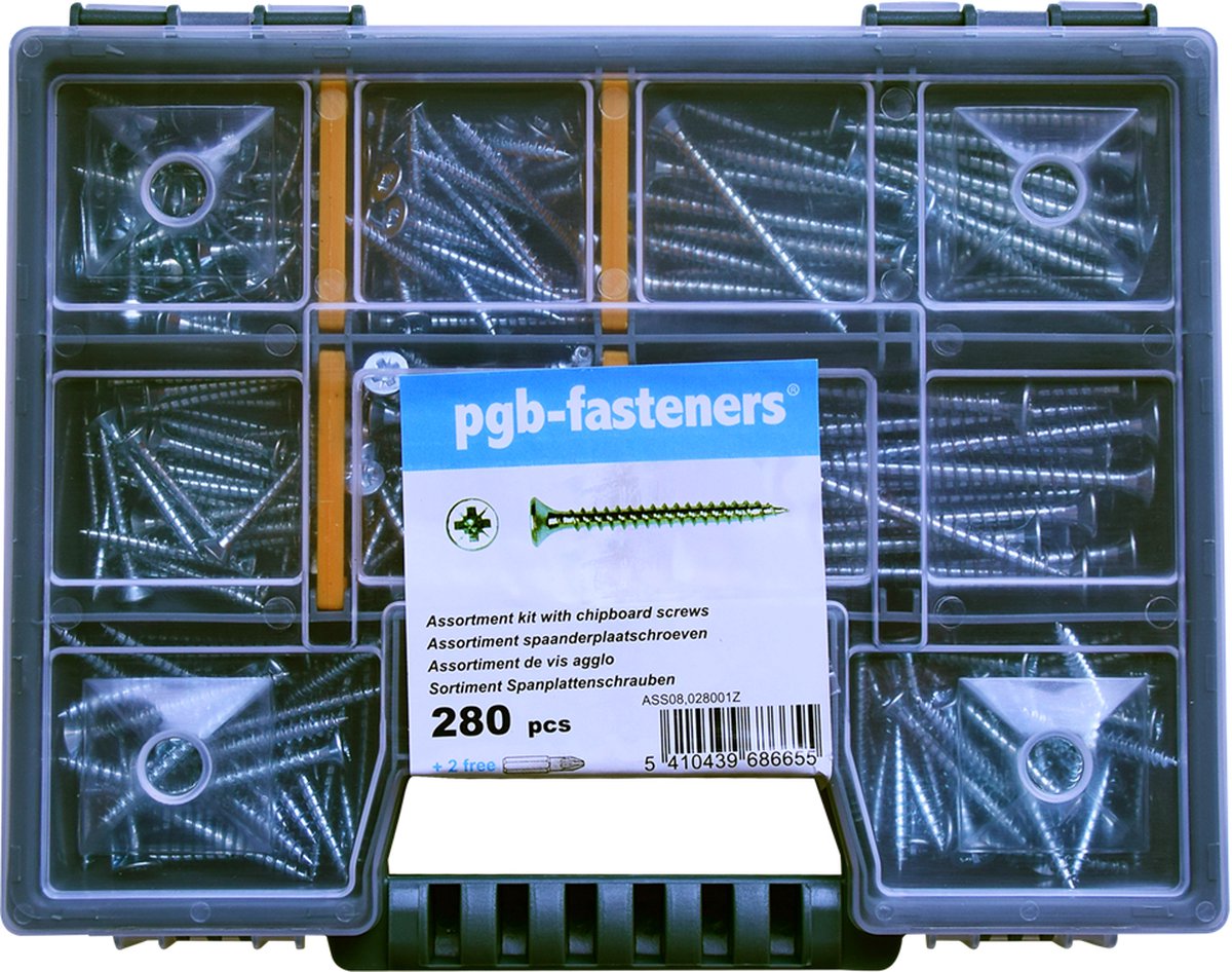 PGB Assortimentsdoos Spaanplaatschroeven 280 st — Pozidrive PZ1/PZ2, platverzonken, verzinkt - spaanplaatschroeven assortiment, PZ1 PZ2, 3.5x16–5x60 - spaanplaatschroeven assortimentsdoos, Pozidrive schroeven PZ1 PZ2