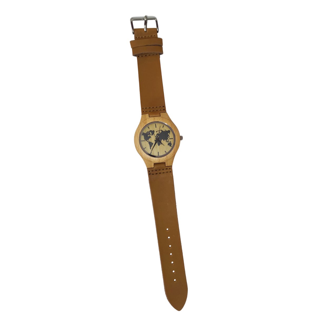 Houten Horloge Bamboe met leren band - Voor Heren - Met gegraveerde wereldkaart - Lichtbruin - 44mm